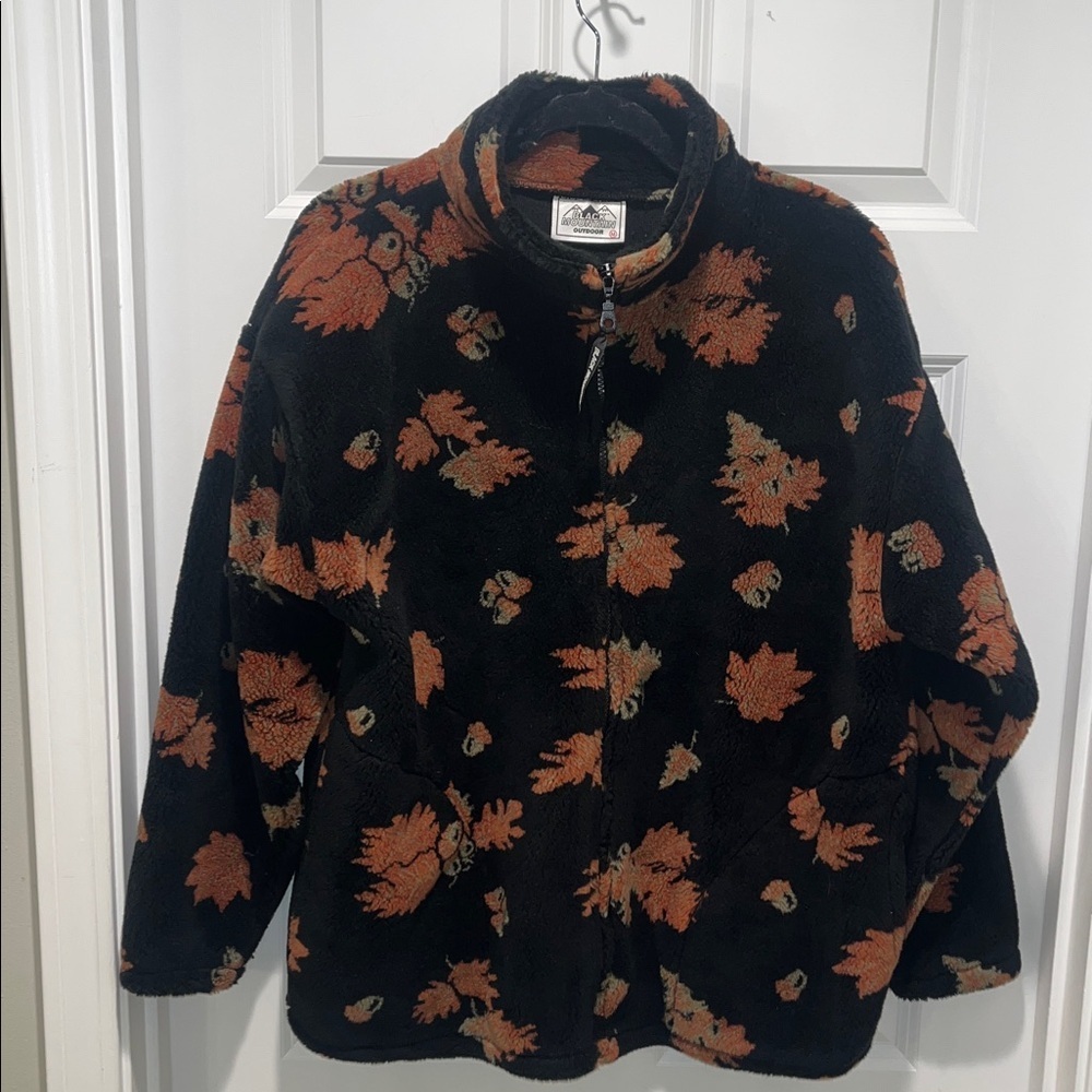 EUC Vintage Black Mountain Outdoors Fall leaves acorns Fleece bungee Zip Jacket